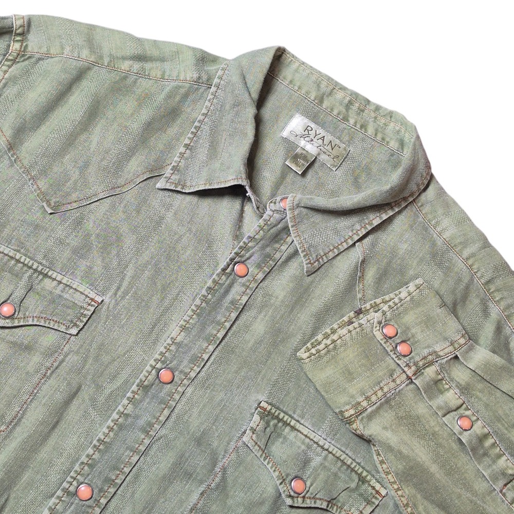 Ryan‎ Michael Men's XXL Linen Western Shirt Pearl Snap Green Cactus